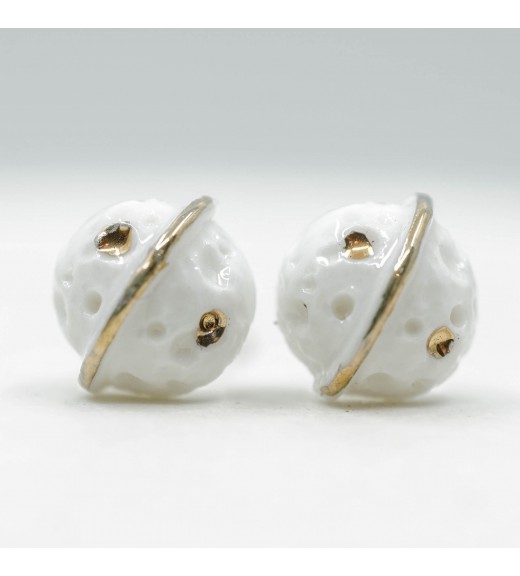 Glazed Ceramic Earrings White Saturn